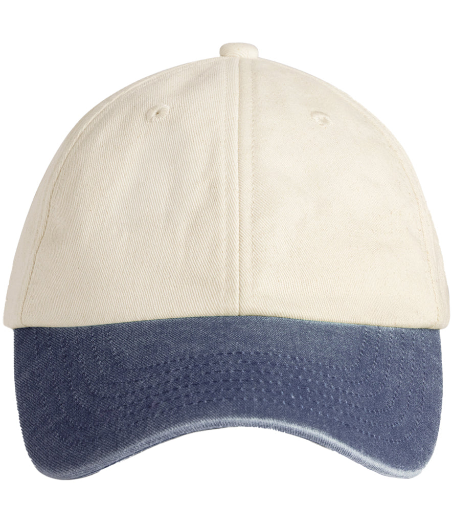 Cap with white top and denim brim on a white background