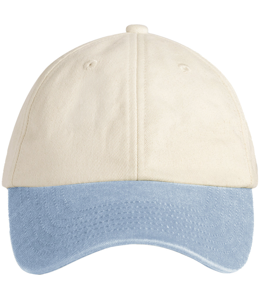 A two-tone baseball cap with an off-white crown and a light blue denim-textured curved brim, shown against a plain white background.