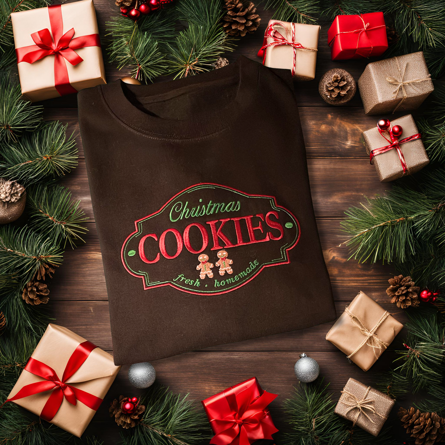 Black sweatshirt with an embroidery of a Christmas Cookie label. The sweatshirt is folded up and surrounded by Christmas  tree branches  and presents with a festive ambience