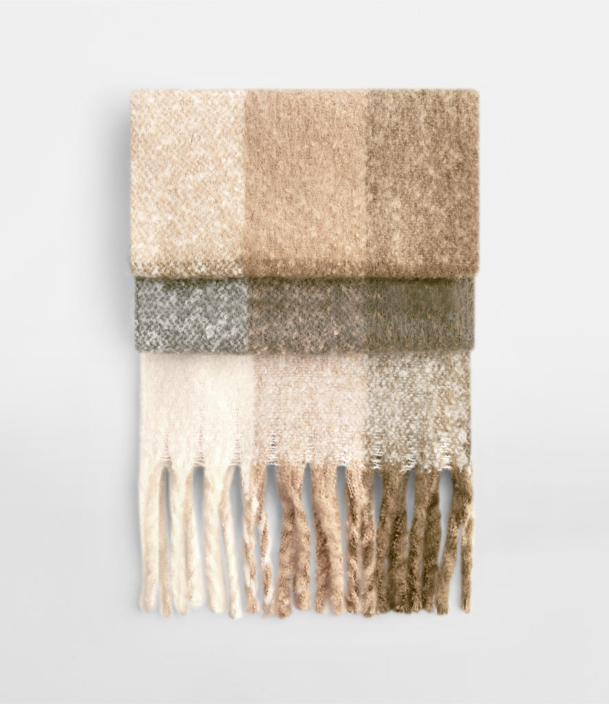 Brown check scarf with fringe