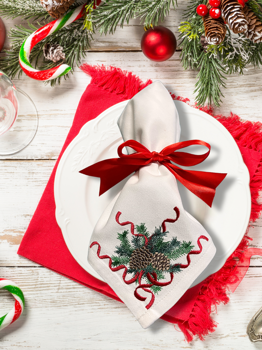 Modern Pinecone & Ribbon Christmas Napkins