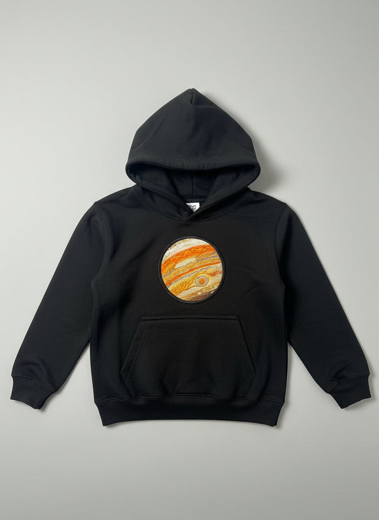 Kids Black Hoodie with Embroidered Jupiter – Space Hoodie for Children (Ages 1–13)