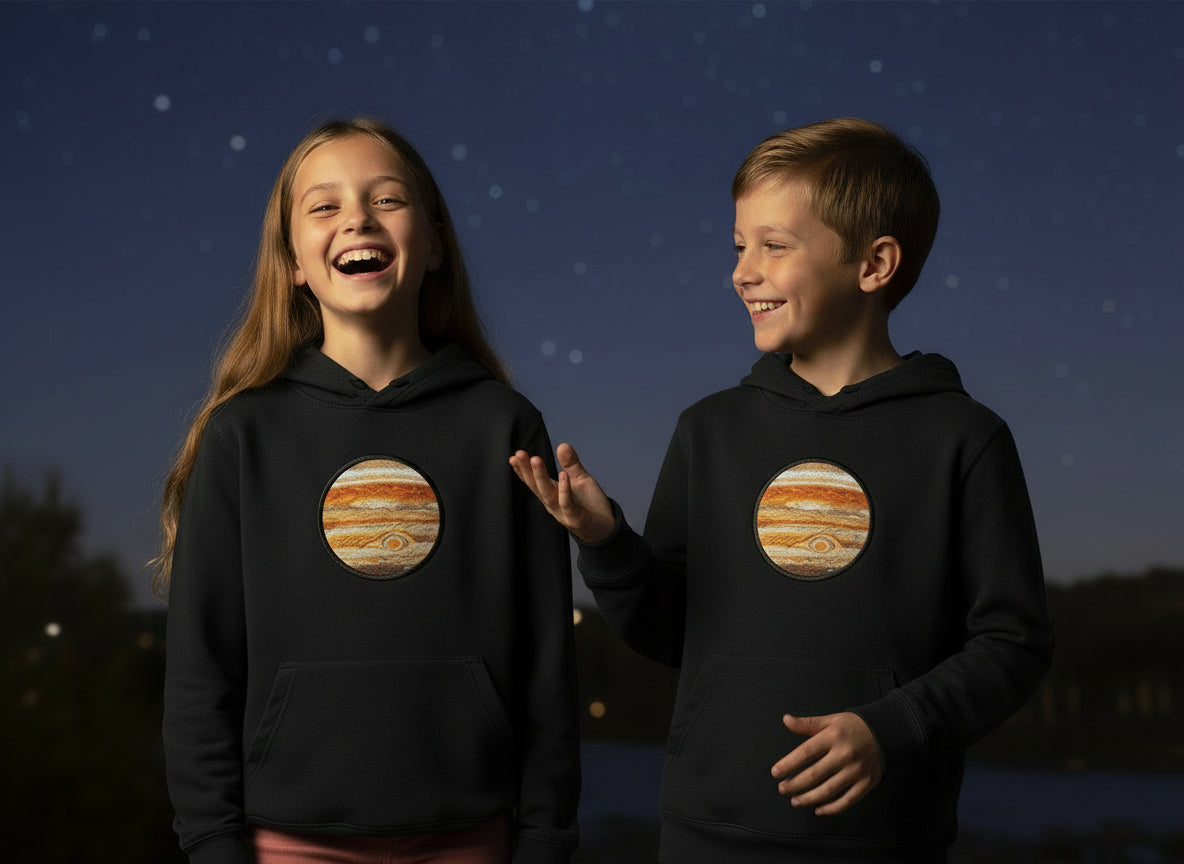 Kids Black Hoodie with Embroidered Jupiter – Space Hoodie for Children (Ages 1–13)