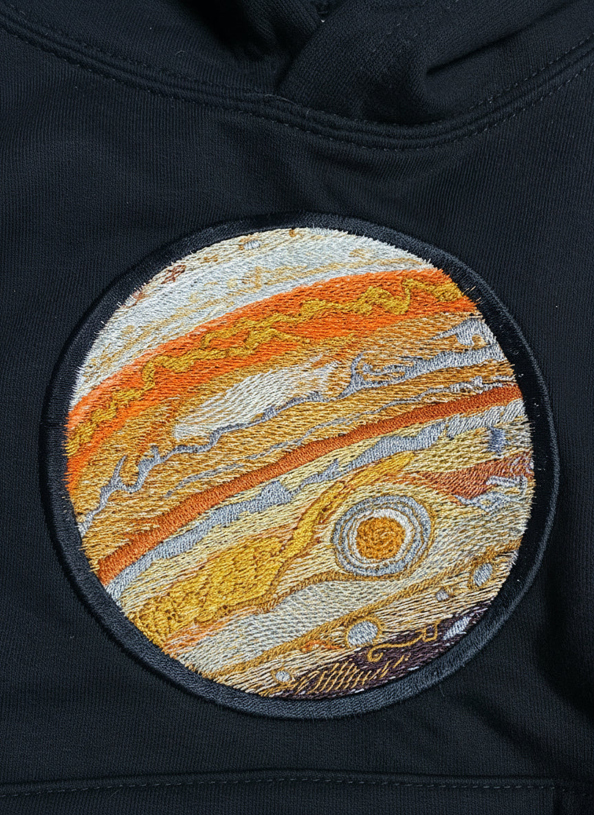 Kids Black Hoodie with Embroidered Jupiter – Space Hoodie for Children (Ages 1–13)