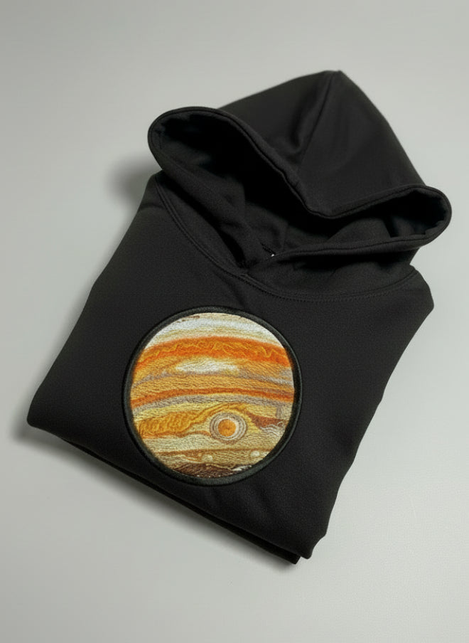 Kids Black Hoodie with Embroidered Jupiter – Space Hoodie for Children (Ages 1–13)
