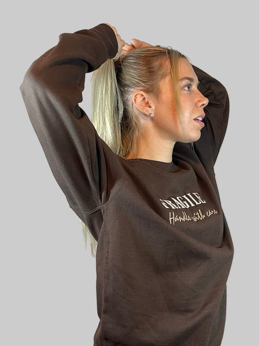 "Fragile – Handle With Care" Hot Chocolate Sweatshirt | Cosy Embroidered Jumper  | Yaya Custom Embroidery