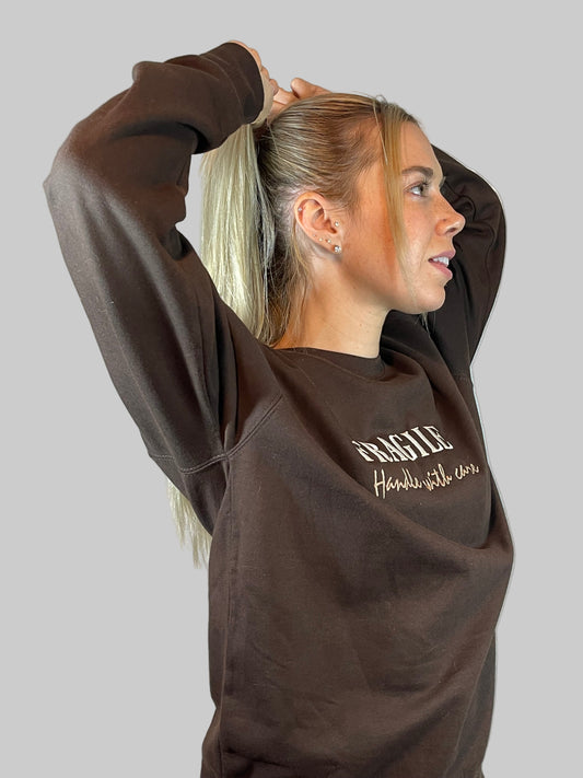 "Fragile – Handle With Care" Hot Chocolate Sweatshirt | Cosy Embroidered Jumper  | Yaya Custom Embroidery