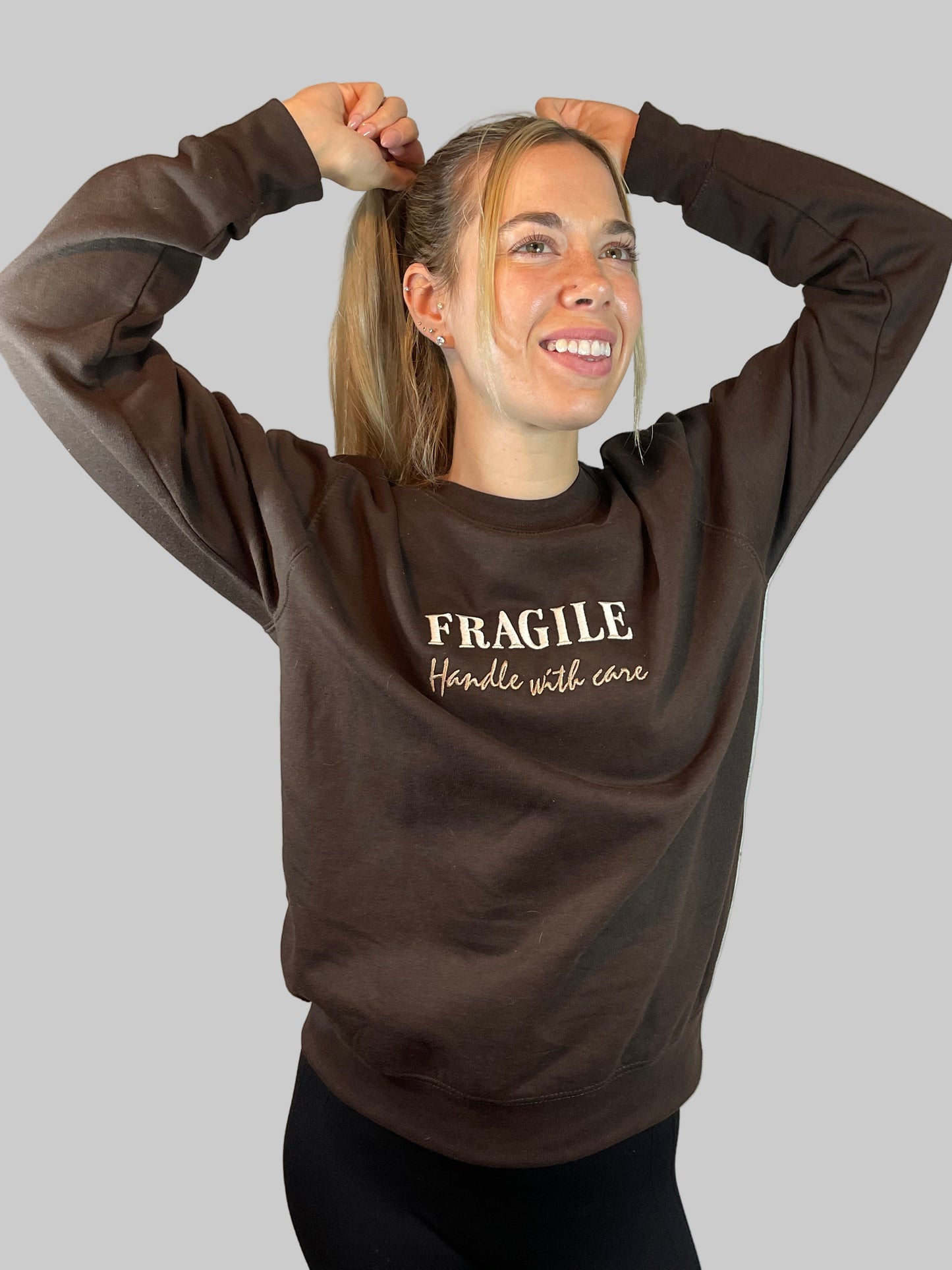 "Fragile – Handle With Care" Hot Chocolate Sweatshirt | Cosy Embroidered Jumper  | Yaya Custom Embroidery