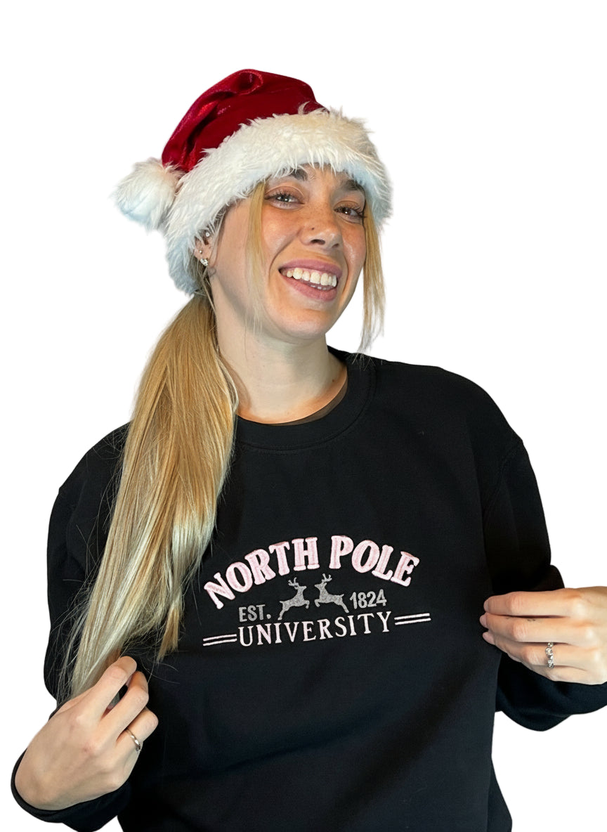 North Pole University Embroidered Sweatshirt | Christmas Jumper | Handmade in the UK