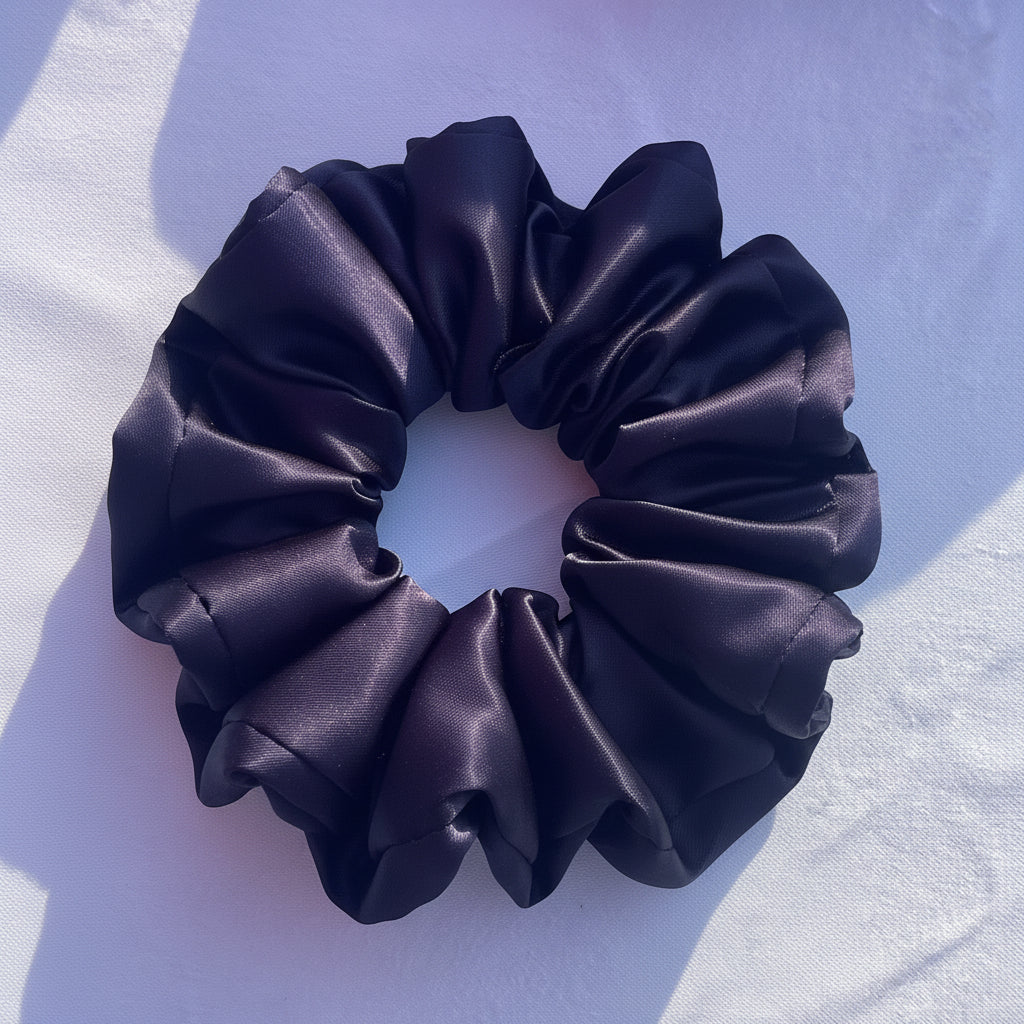 A single Navy satin hair scrunchie with a glossy, ruched texture, photographed on a white fabric background with soft shadows.