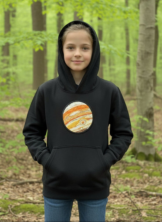 Kids Black Hoodie with Embroidered Jupiter – Space Hoodie for Children (Ages 1–13)