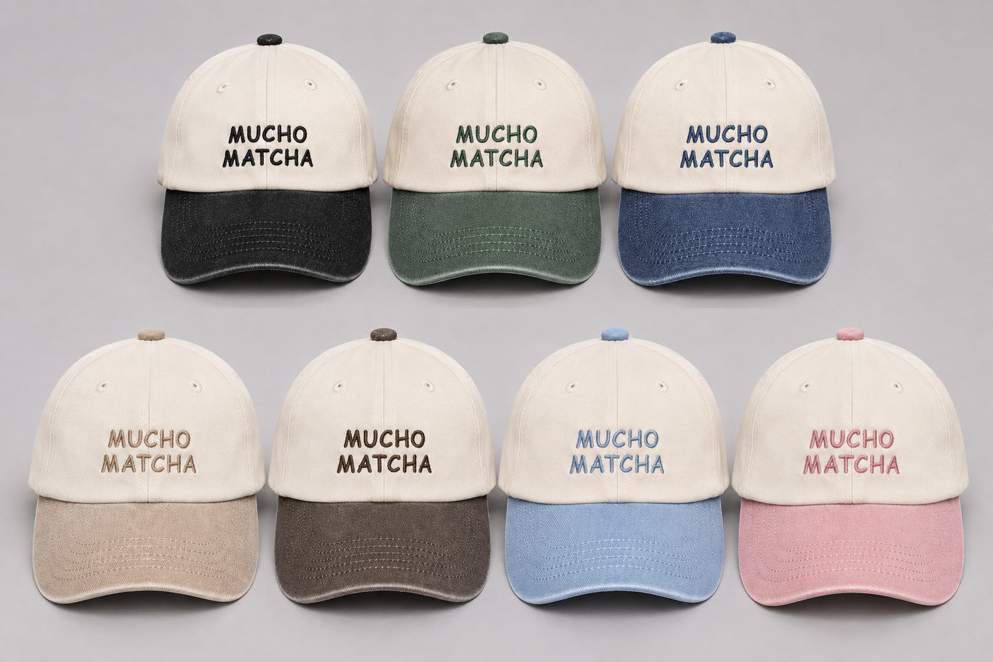 Seven baseball caps arranged in two rows on a light grey background, each with an off-white crown and curved brim in different colours. The front of each cap is embroidered with the text 'MUCHO MATCHA' in matching embroidery thread colour.