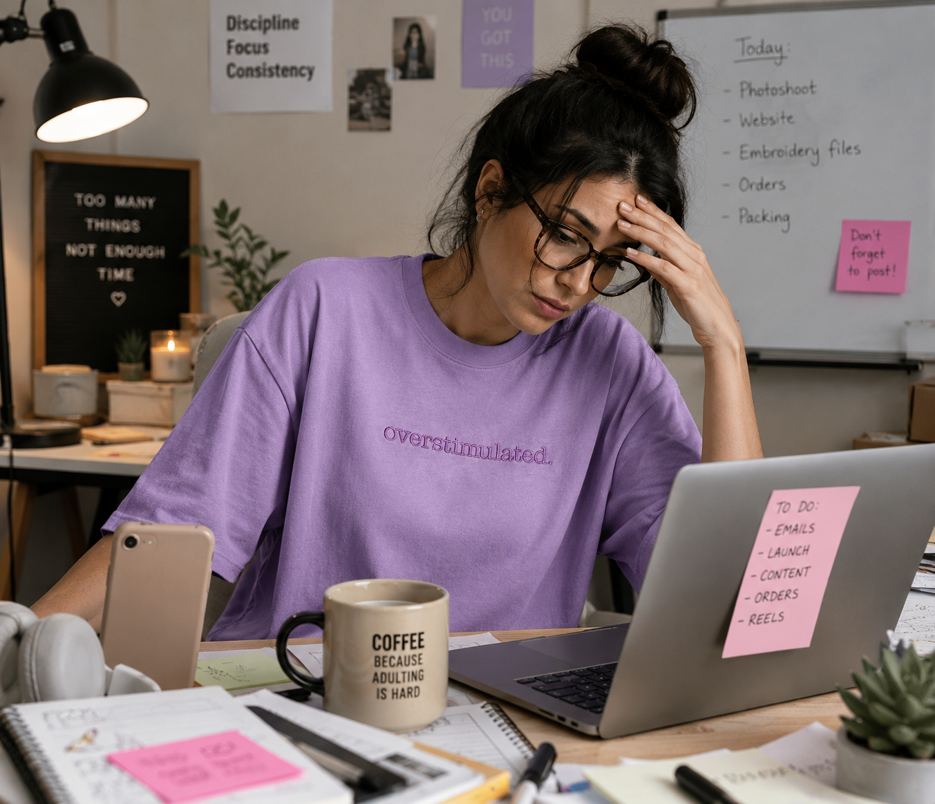A woman with glasses sits at a desk wearing a lavender t-shirt with the text 'overstimulated.' embroidered in purple.