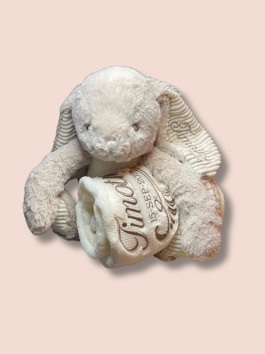 Cream bunny rabbit soft toy with personalised embroidered ear and blanket