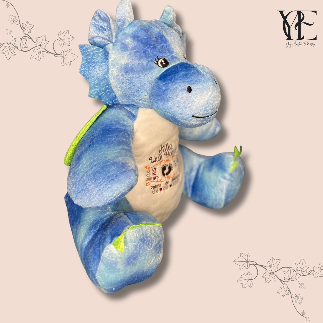 Keepsake blue plush dragon with newborn embroidered birthday details