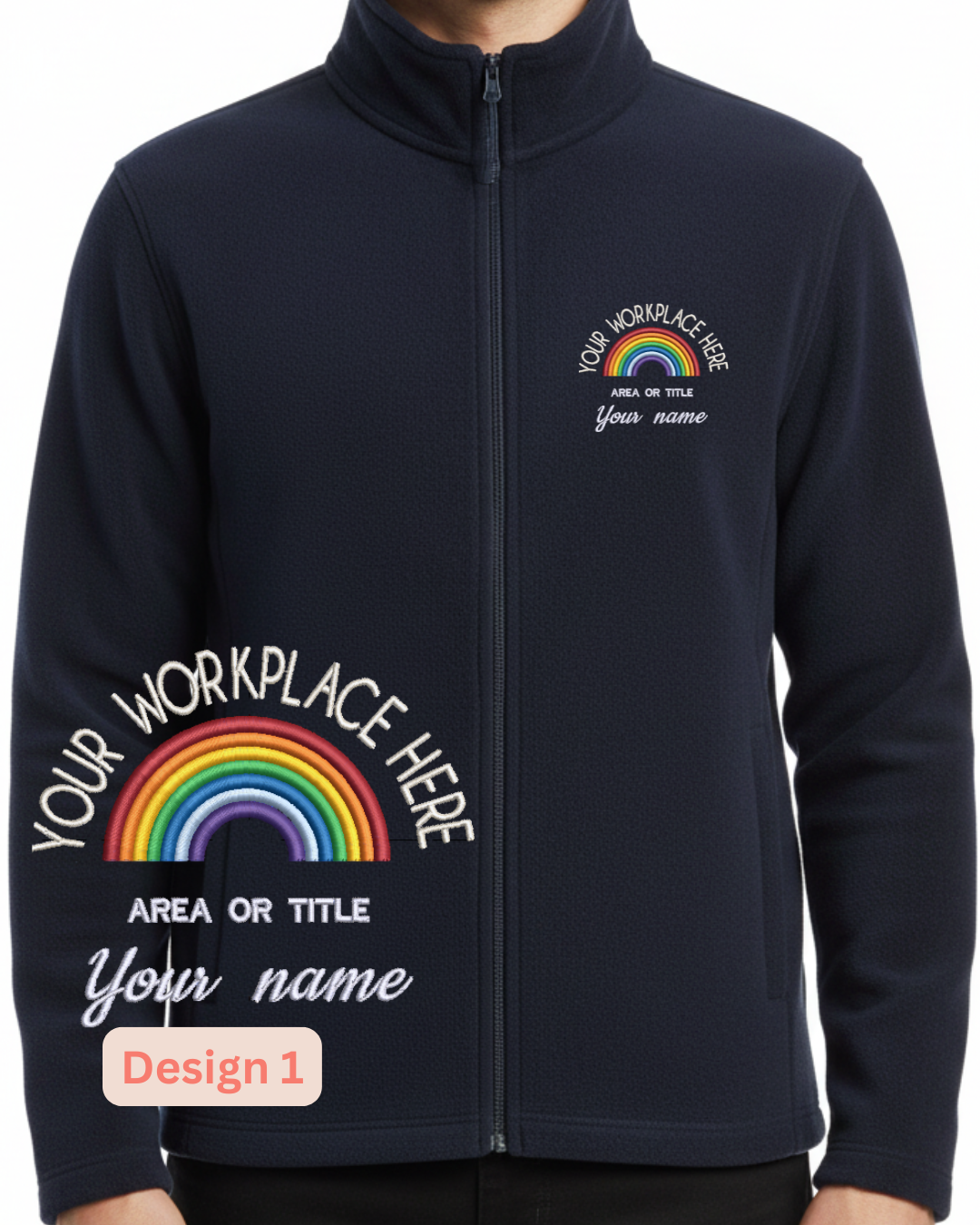 Navy blue jacket with rainbow design and customizable text on a white background