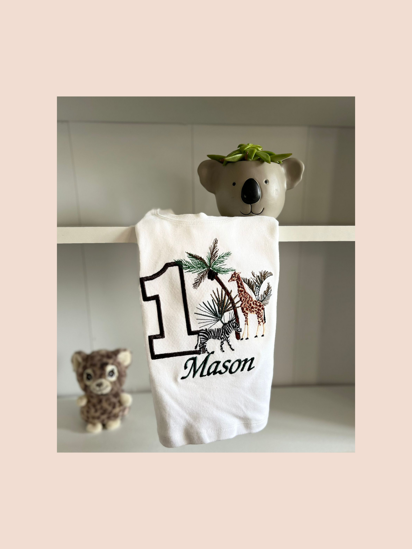 Safari white sweatshirt personalised with age 1 and name Mason