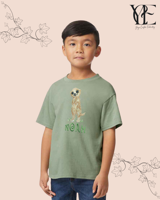 Personalised Embroidered Meerkat Kids' T-Shirt – White and Sage Cotton (Ages 1–12)