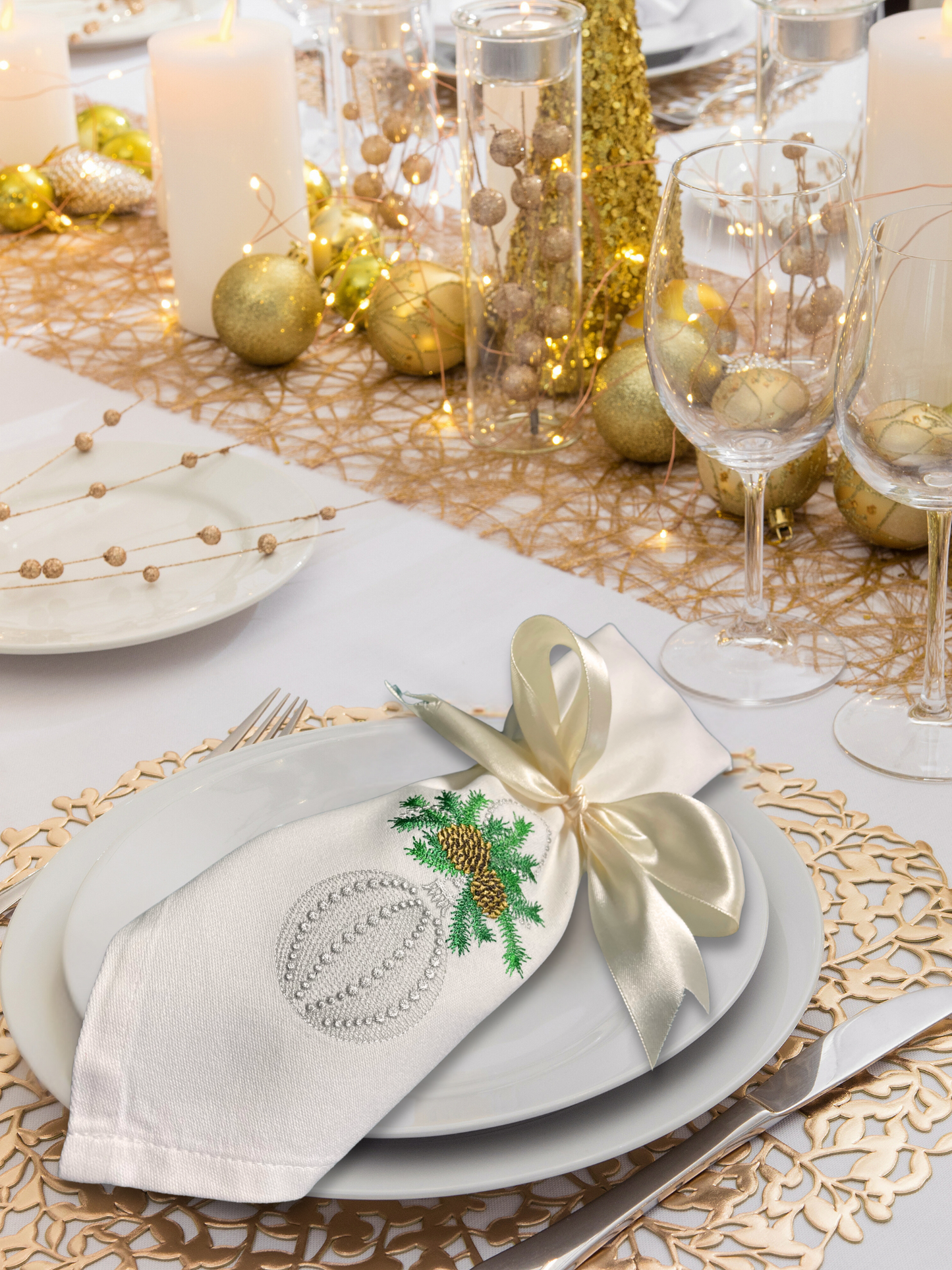 Embroidered Silver Bauble Cotton Napkins, 40x40cm