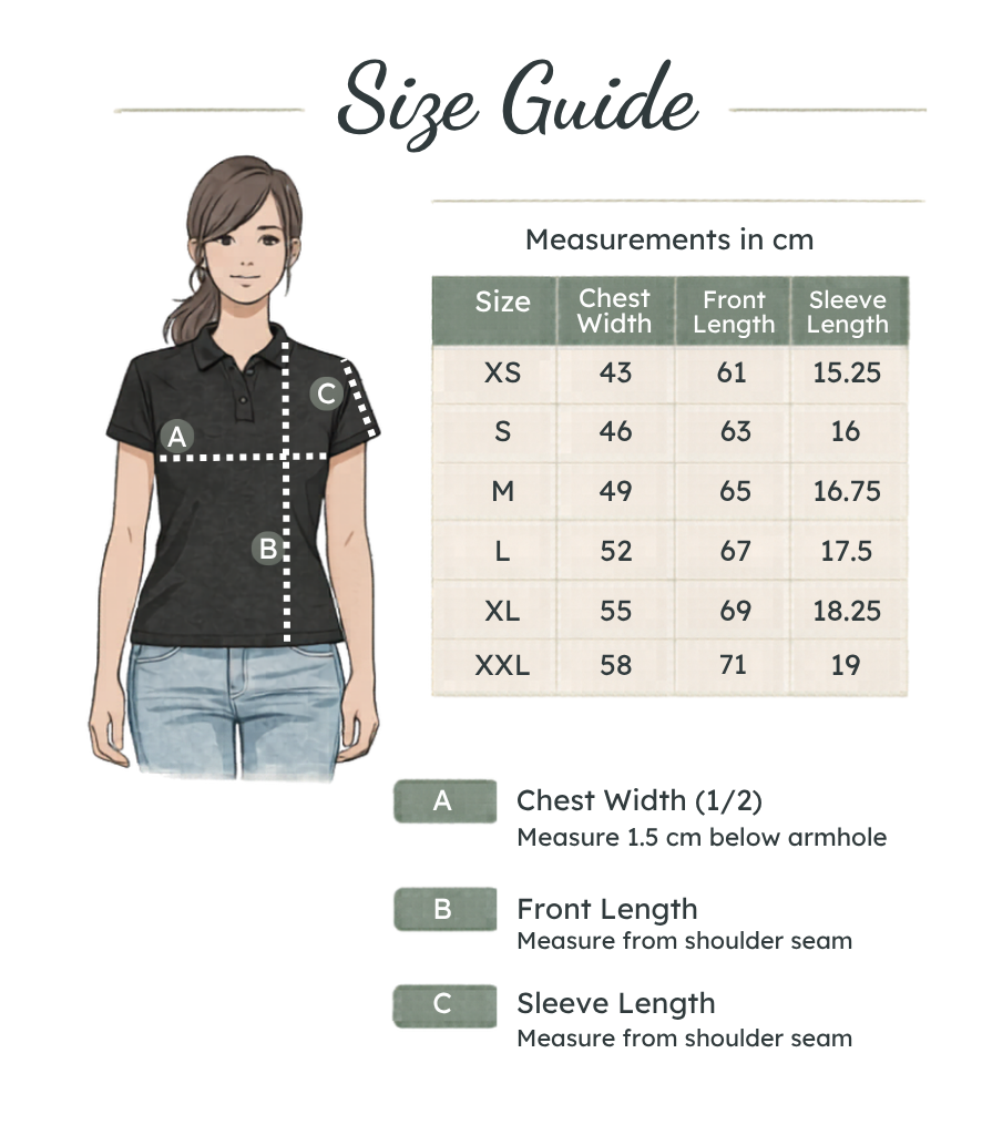 Size guide for a shirt with measurements in centimeters