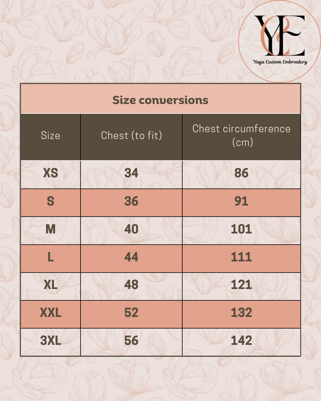 Size conversion chart for clothing with chest measurements and circumference on a patterned background. Created by Yaya Custom Embroidery