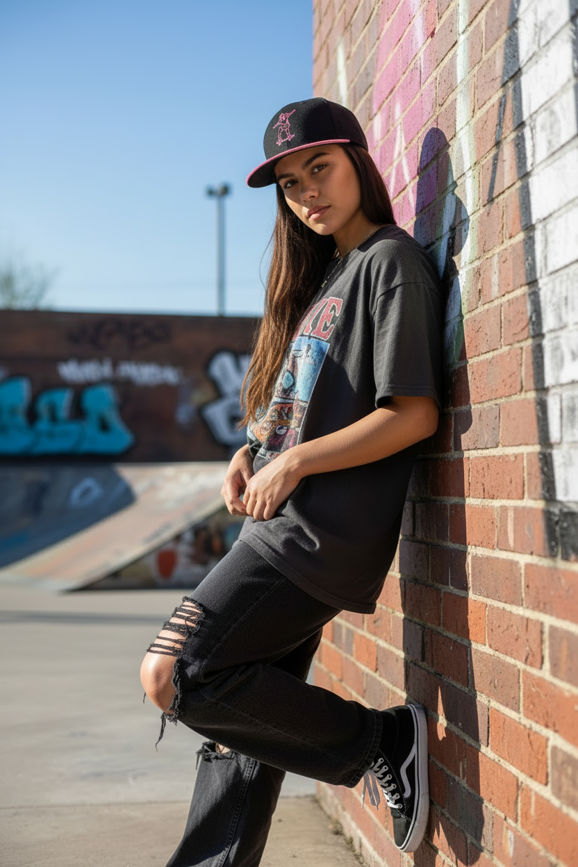 Skater Girl Embroidered Flat Peak Cap