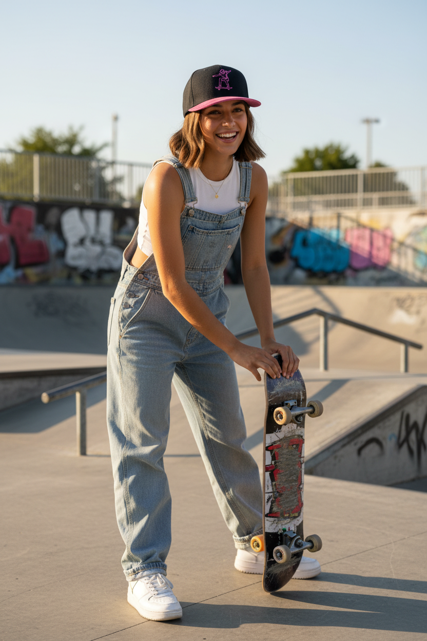 A woman smiling at a skatepark, wearing light-wash denim overalls over a white tank top, white sneakers, and a black baseball cap with a pink brim, holding a skateboard.