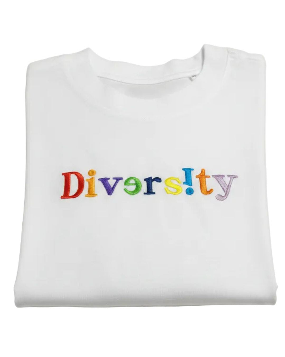 White t-shirt with 'Diversity' in colorful letters on a white background