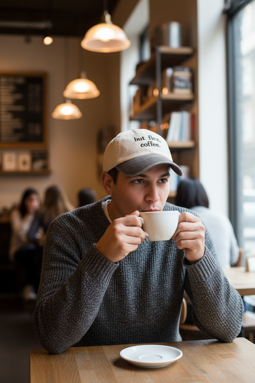 A man in a cozy cafe setting wearing a gray knit sweater and a brown baseball cap with the text 'but first, coffee.' holds a white coffee cup to his lips.