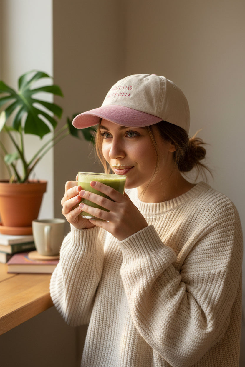 A young lady holding a glass of matcha and she's about to drink it. She is wearing a cap with the embroidery "MUCHO MATCHA" in pink matching the cap's peak. The scene is an interior a next to a window