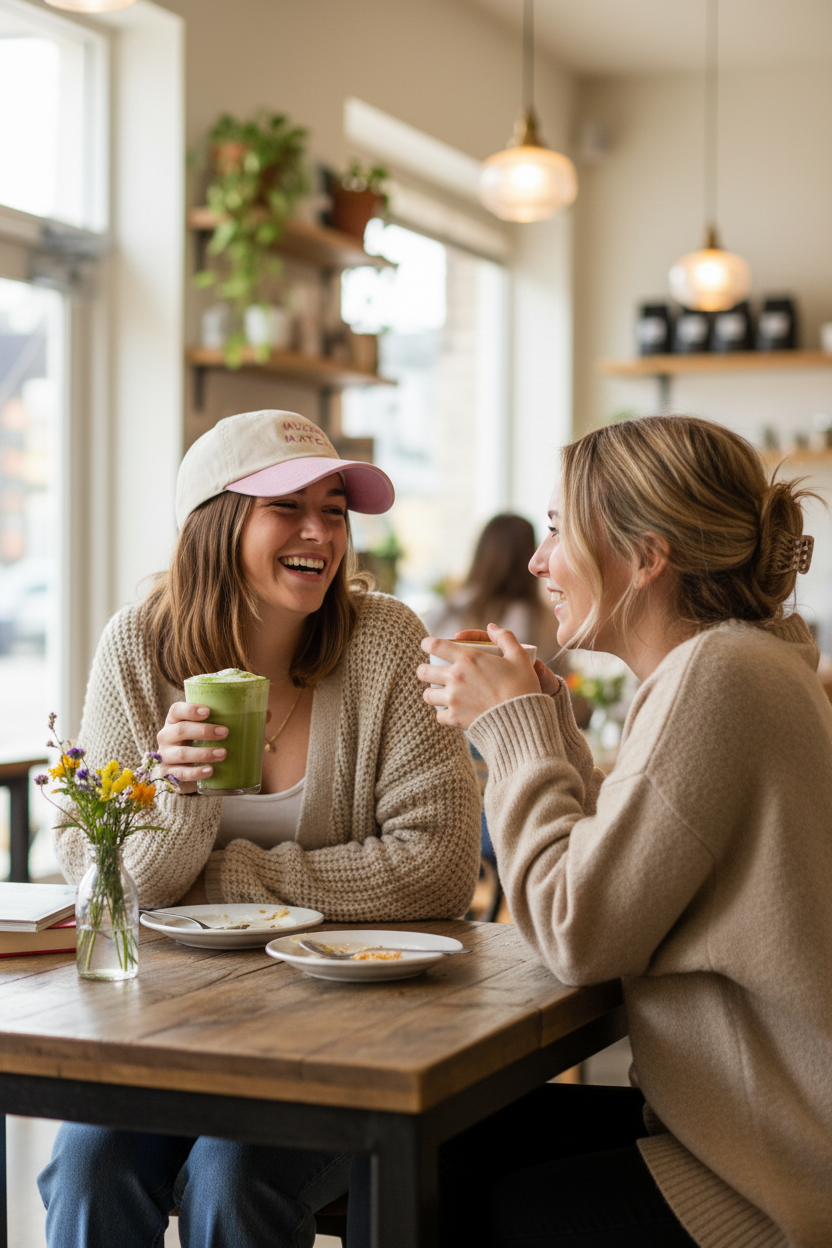 Two women laughing at a wooden cafe table. The woman on the left wears a beige knit cardigan and a pink and white baseball cap, while the woman on the right wears a beige knit sweater.