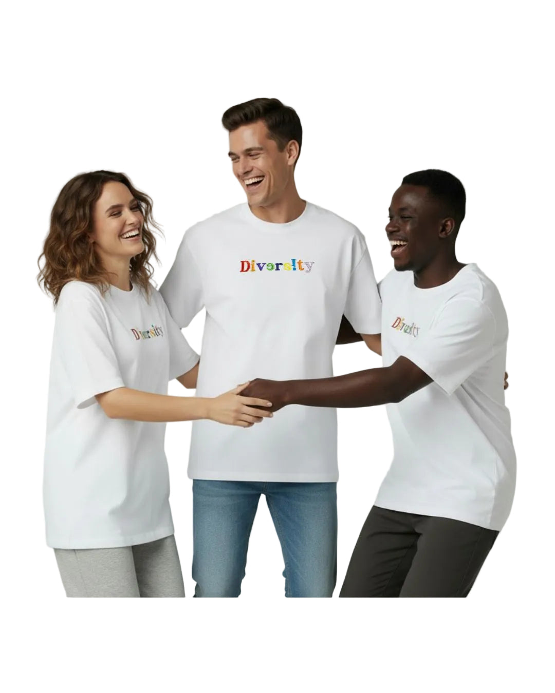 Three people wearing white t-shirts with 'Diversity' embroidered on them, standing together against a light white background.